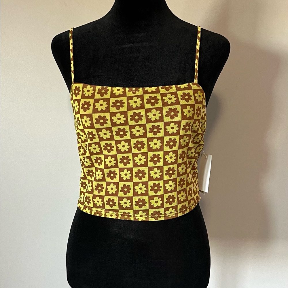 NWT Nordstrom BP Crop Tank Top Spaghetti Strap Yellow Brown Daisy Flower Size M